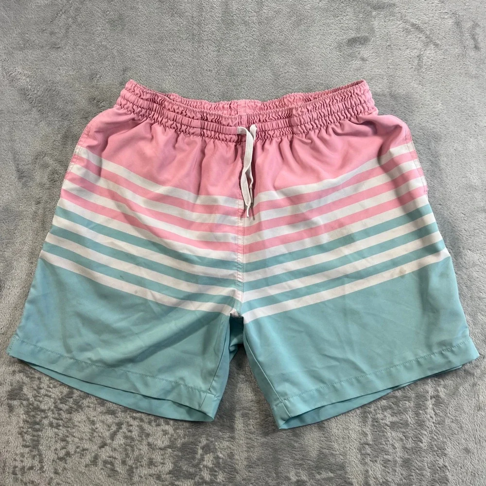 CHUBBIES Swim Trunks Mens Large Pink Teal Striped 5.5